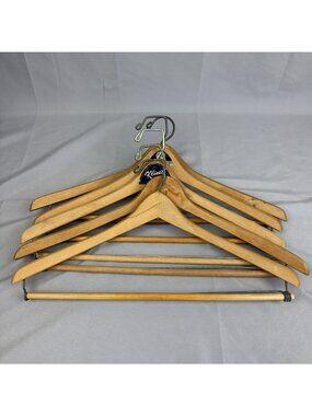 Vintage lot of 5 Wooden & Metal Suit Hangers w/ Pant Bar Wishbone Wood